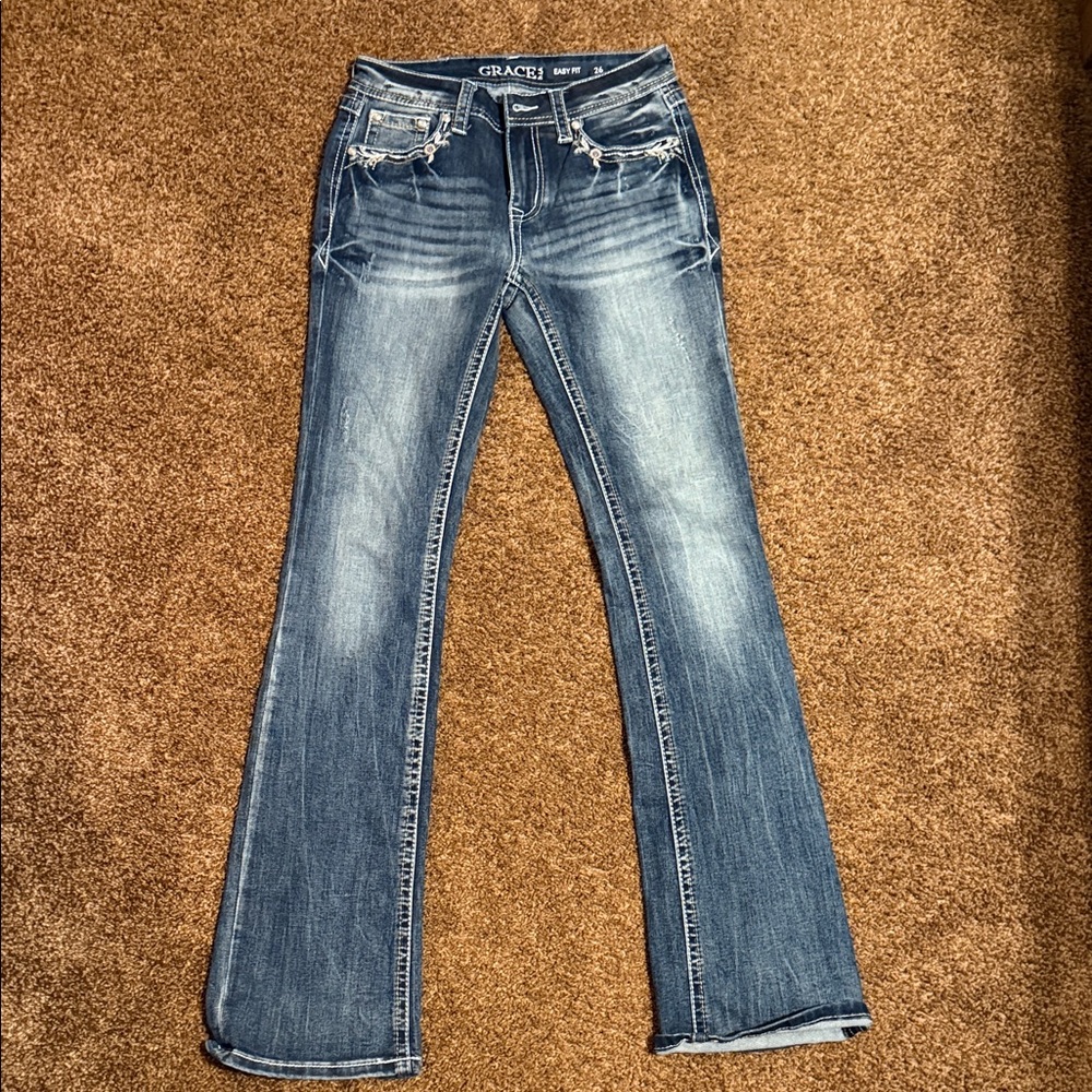 Grace in LA Medium Blue Flared Jeans with Whisker Fade